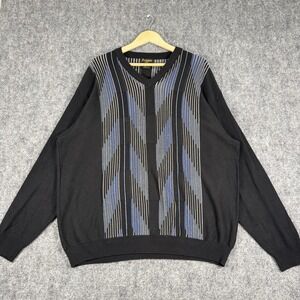 Vintage Fusion Sweater Mens L Black Blue Geometric Stripe Knit Pullover Y2K